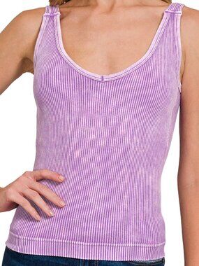 Stone Washed Ribbed Seamless Tank Top w/ Bra Pad in B Violet